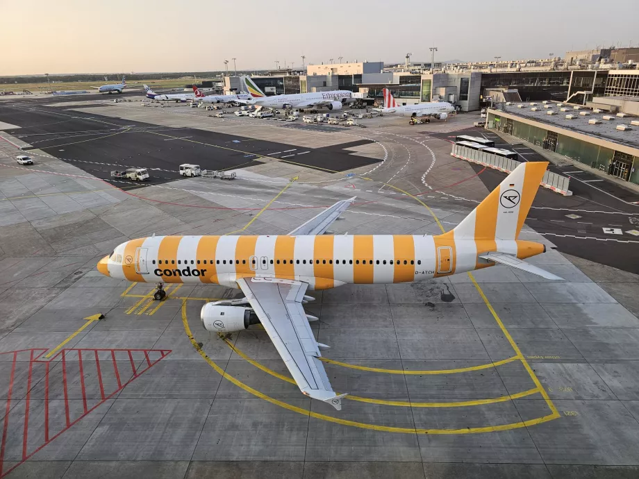 Sárga Airbus A320-as a frankfurti repülőtéren
