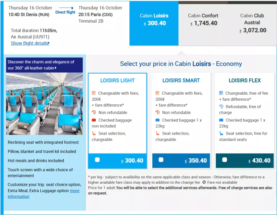 Air Austral tarifaosztályok