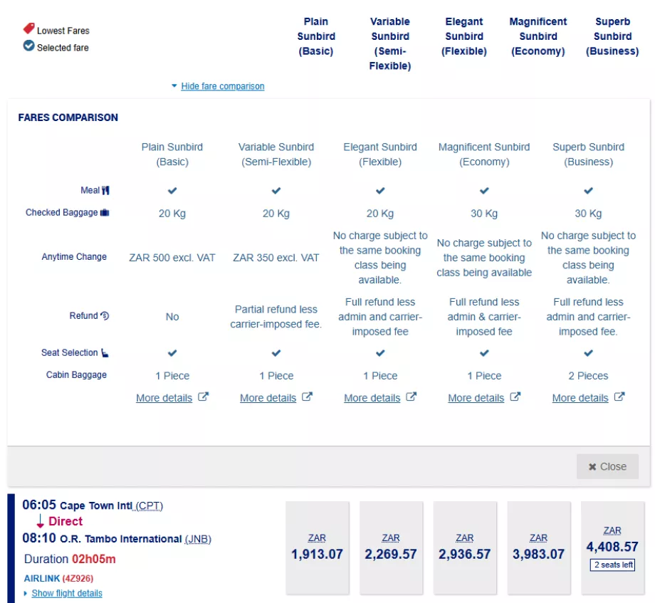 Airlink tarifaosztályok