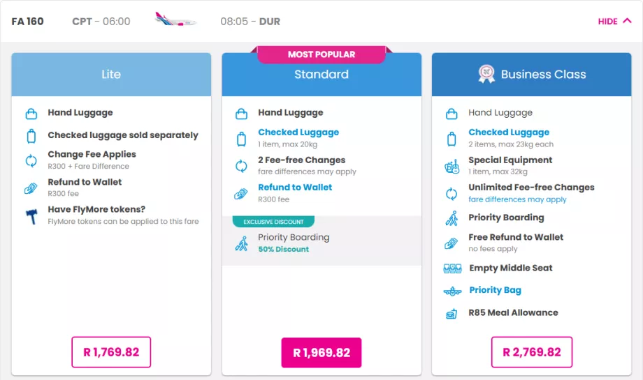 FlySafair tarifaosztályok