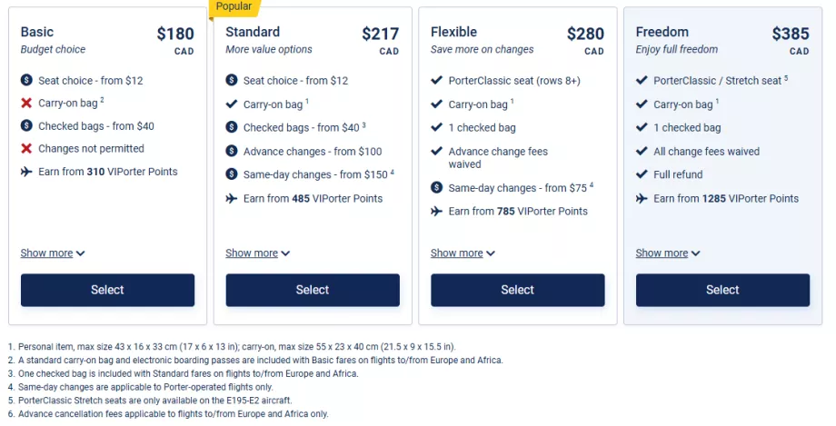 Porter Airlines - tarifaosztályok