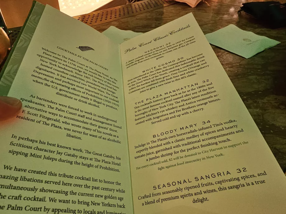 Koktélmenü a Palm Court étteremben