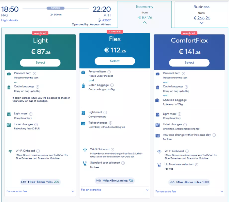 Aegean Airlines tarifaosztályok